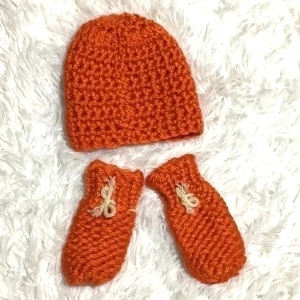 Hand Crocheted Beanie & Bow Mittens-3-6 Months